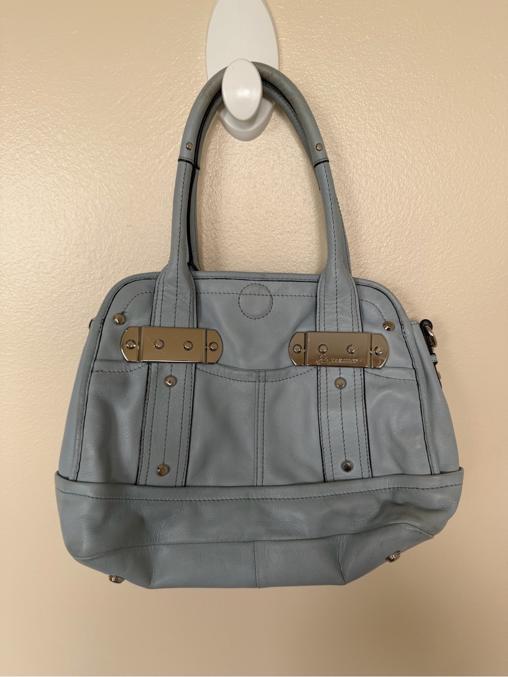B. MAKOWSKY Teal Blue Leather Shoulder Hand Bag with Silver Hardware